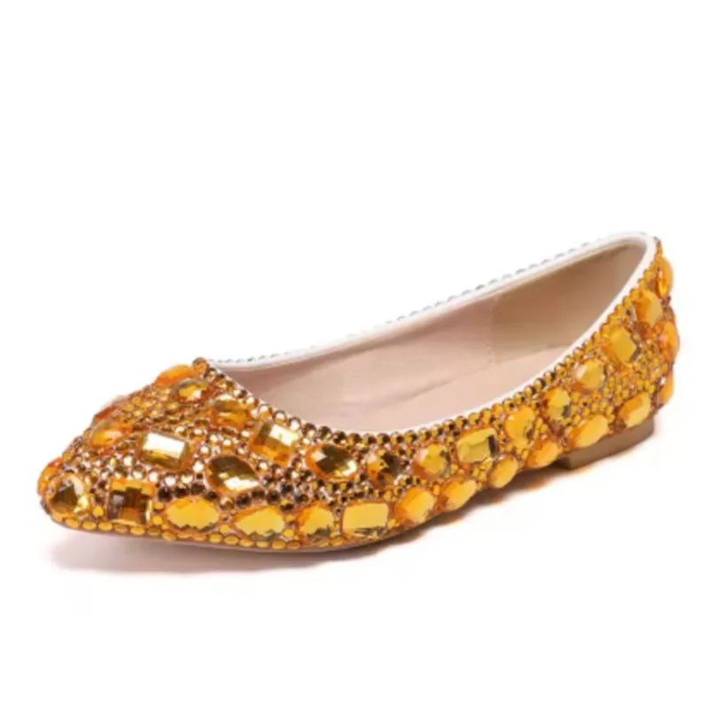 Spring pointed toe shallow color crystal flat wedding shoes banquet dress comfortable daily large size rhinestone women's shoes
