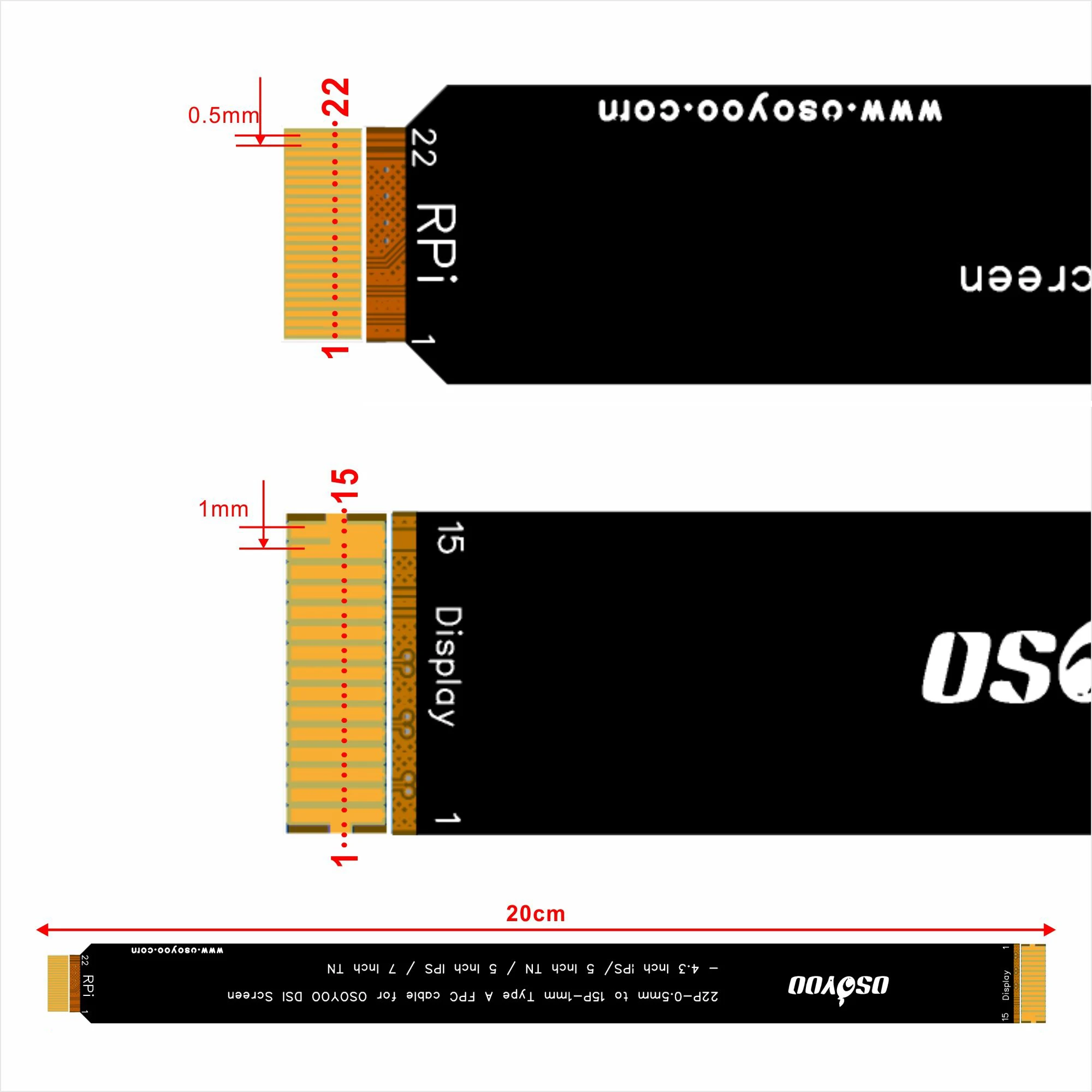 OSOYOO 15 Pin interfaccia passo 1.0mm e l'altra estremità è 22 Pin 0.5mm interfaccia per Raspberry Pi 5 con schermo OSOYOO DSI