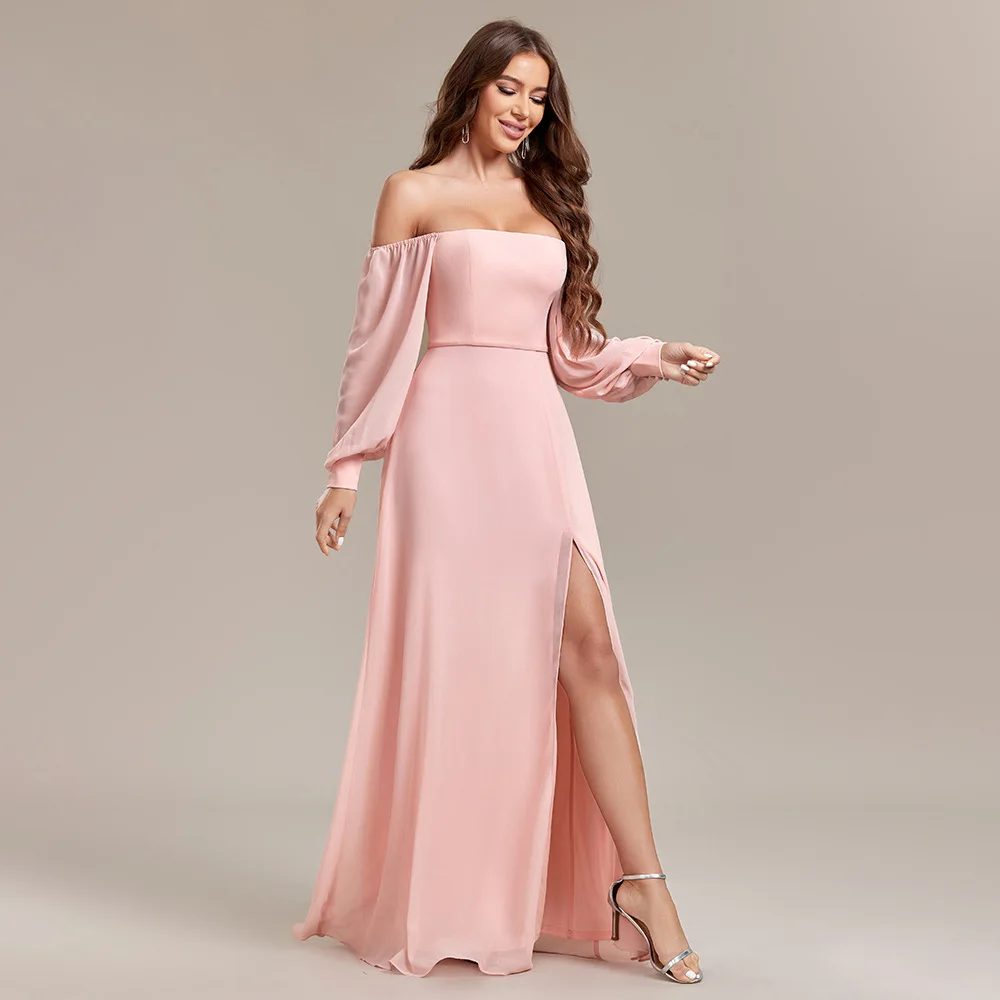 New Women\'s Multi-wear Elegant Tube Top Elastic Long Sleeve Back Zipper High Slit Dress A-line Chiffon Dress Bridesmaid Dress