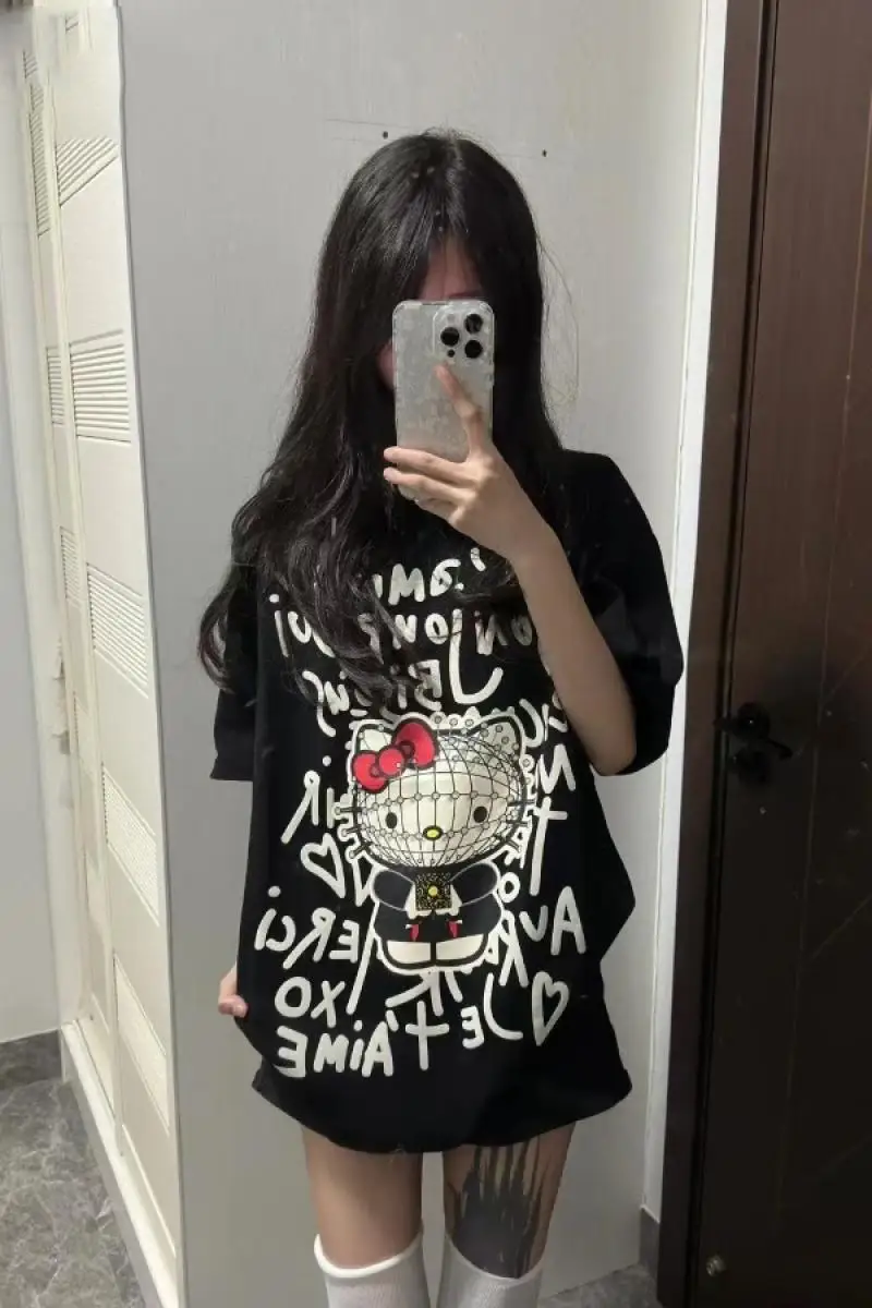 

Новый стиль Hello Kitty's футболка с короткими рукавами мультфильм Sanrio хлопок девушка студентка летняя мода пара свободная милая американская ретро