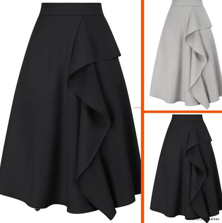 

Elastic High Waist Ruffle Decorated Midi Skirt Women Solid Color Knee Length Flared A Line Skirt Elegant Lady Spring Outfits