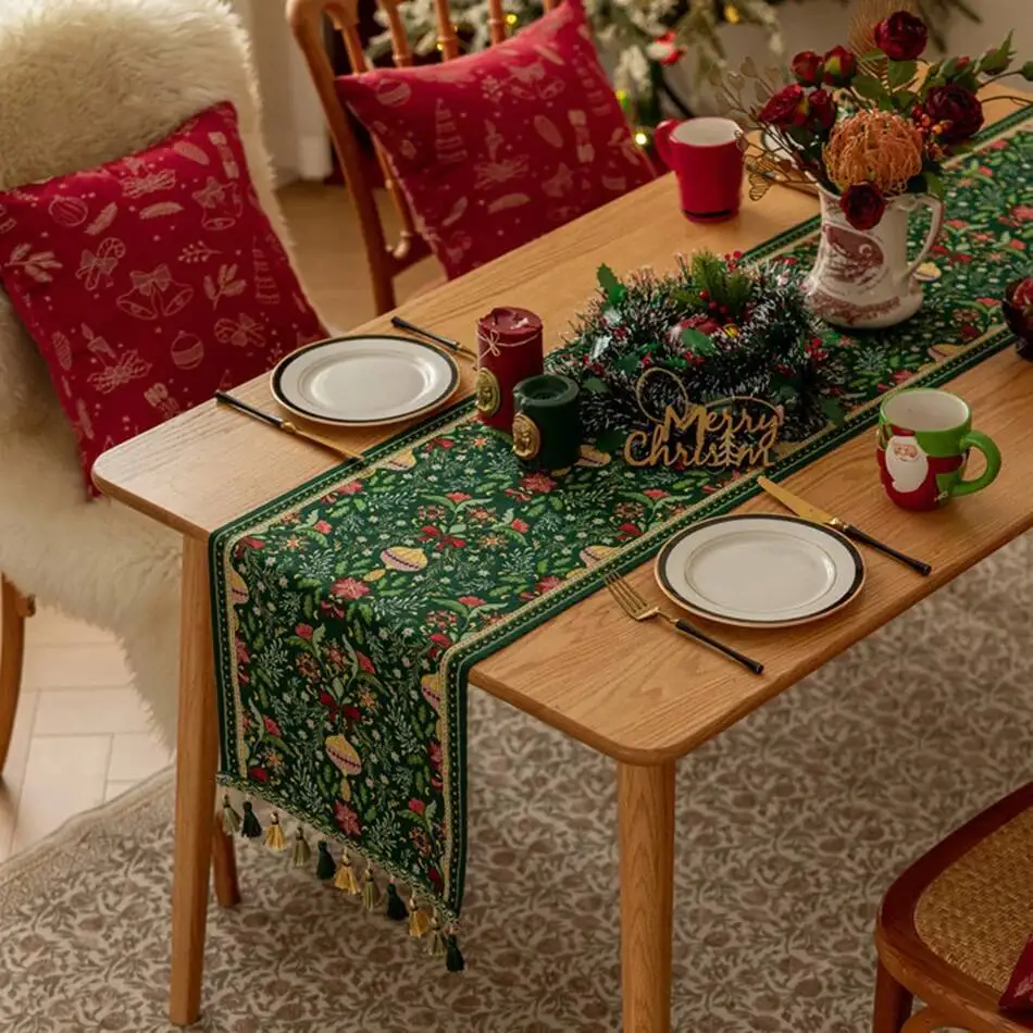 

Christmas Chenille Tassel Runner Cotton Linen Thicken Fabric Table Decoration,Dining Room Party Festival Decor