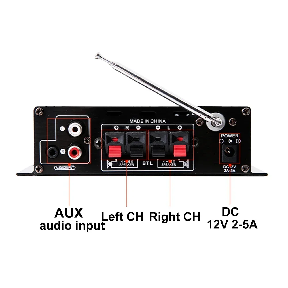 AK-380 Audio Power Amplifier 2.0 CH HiFi Stereo AMP Speaker Bluetooth 5.0 Amp Receiver for Car Home Bar Party DC 12V3A