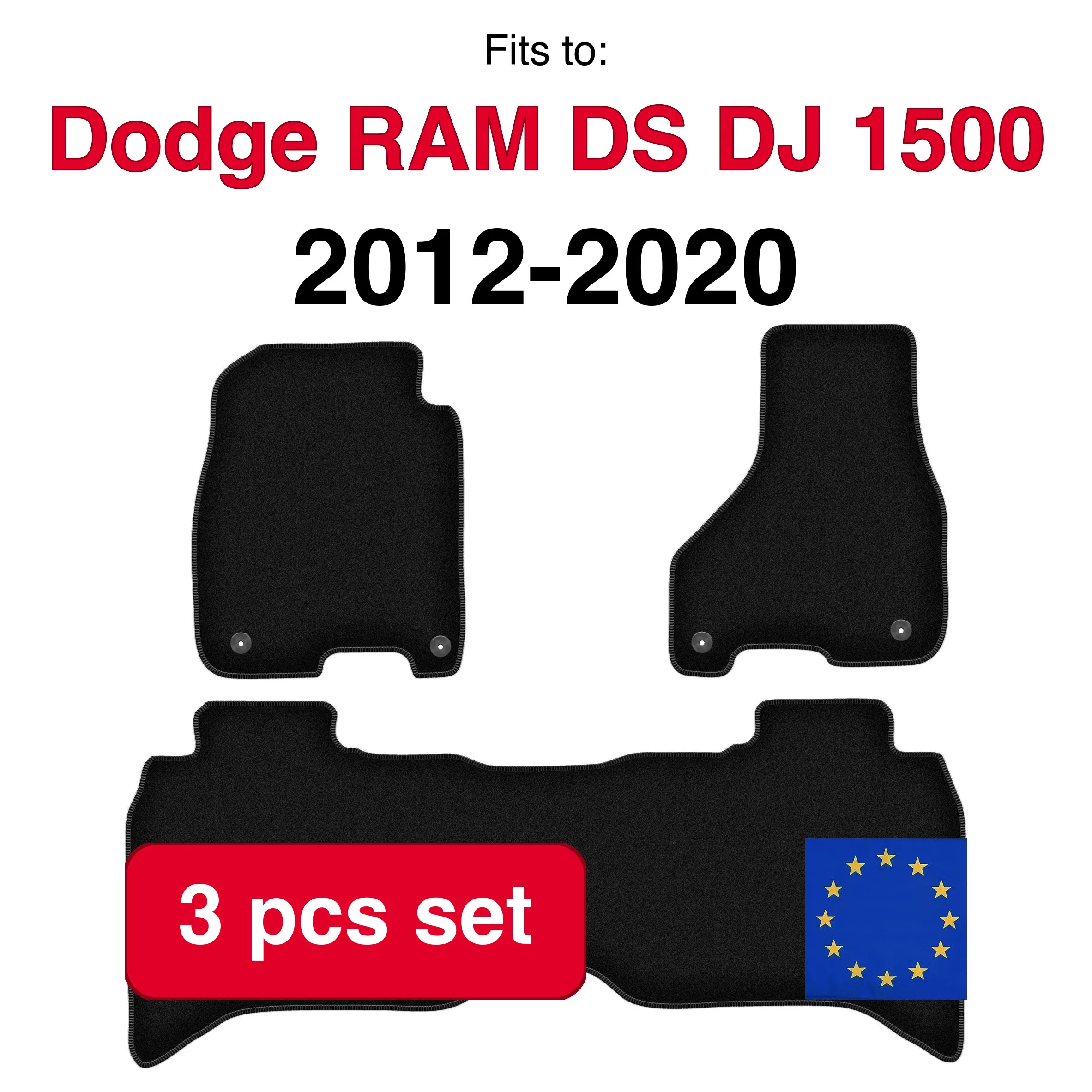 Ensemble de tapis en velours pour pick-up Dodge RAM DS DJ 1500 (2012-2020) - Noir (3 pièces) - Ensemble de tapis de voiture sur mesure