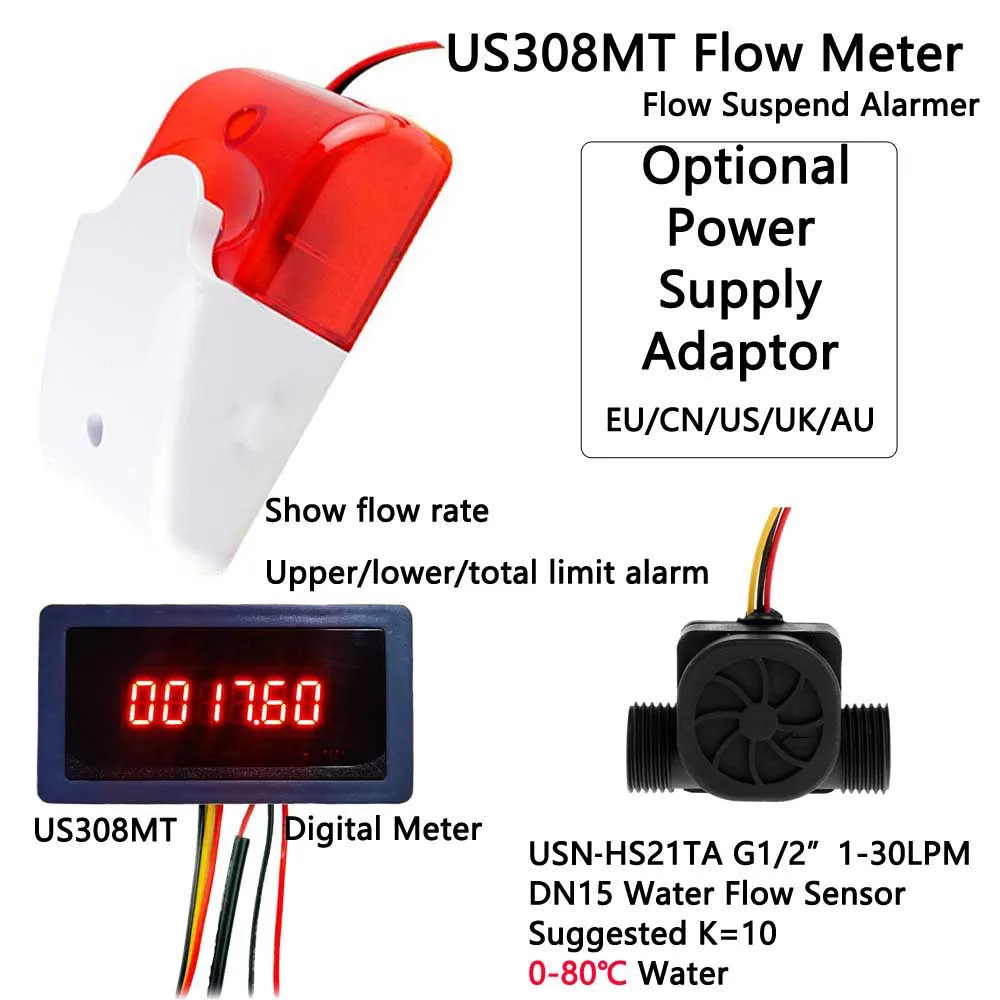 US308MT Digital Flow Meter Alarmer USN-HS21TA 1-30L/min Nylon iSentrol Hall Effect Water Flow Sensor iSentrol Electronics