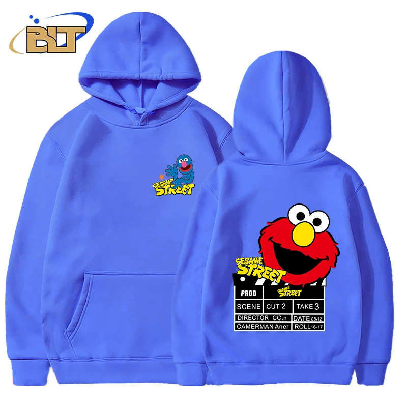 Sesame Street Printed Men\'s Autumn and Winter Hoodie Plus Fleece Sports Sweatshirt Blue Loose Top