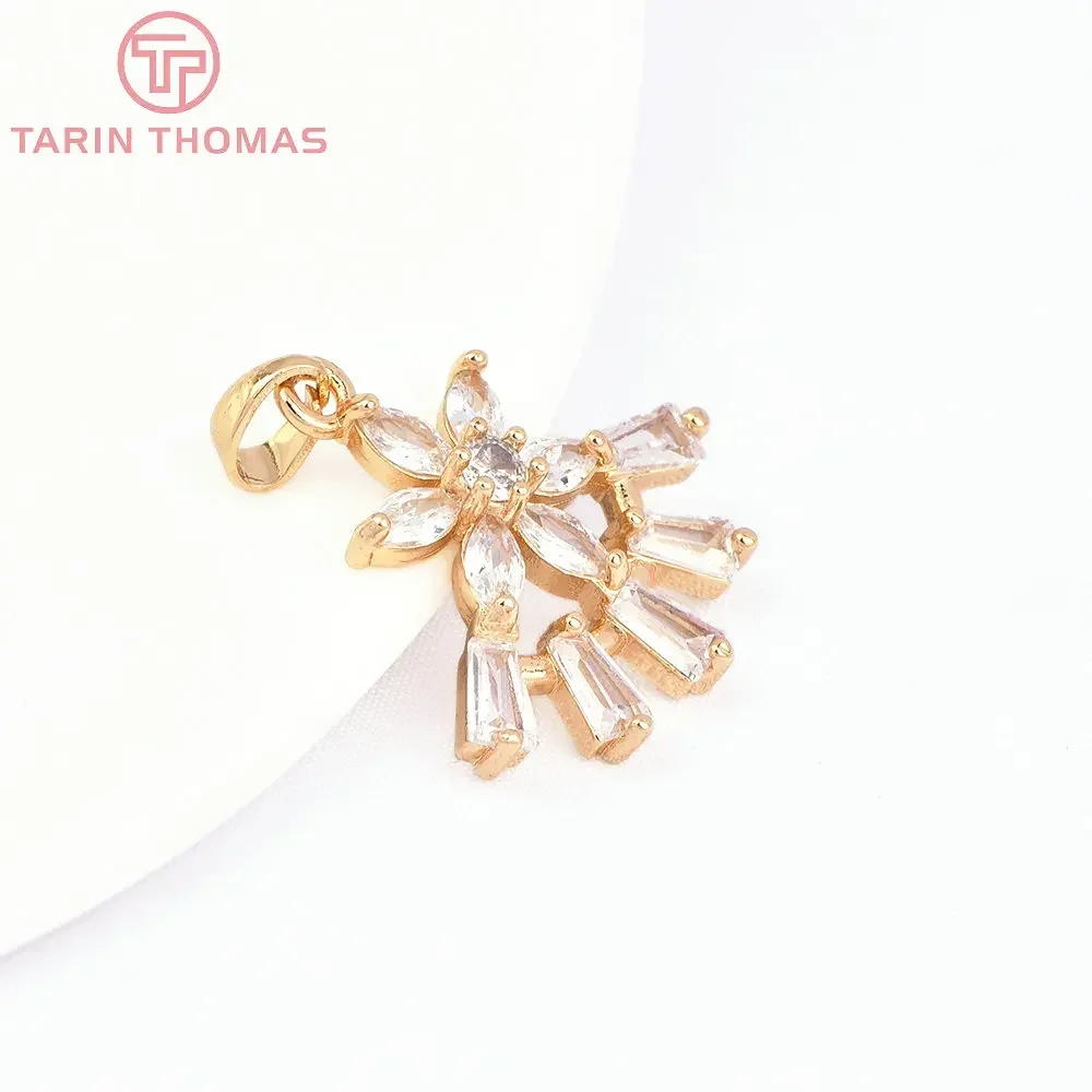 (7747)4PCS 21.5x22MM 24K Gold Color Brass with Zircon Flower Shape Pendants High Quality DIY Jewelry Making Findings Accessories