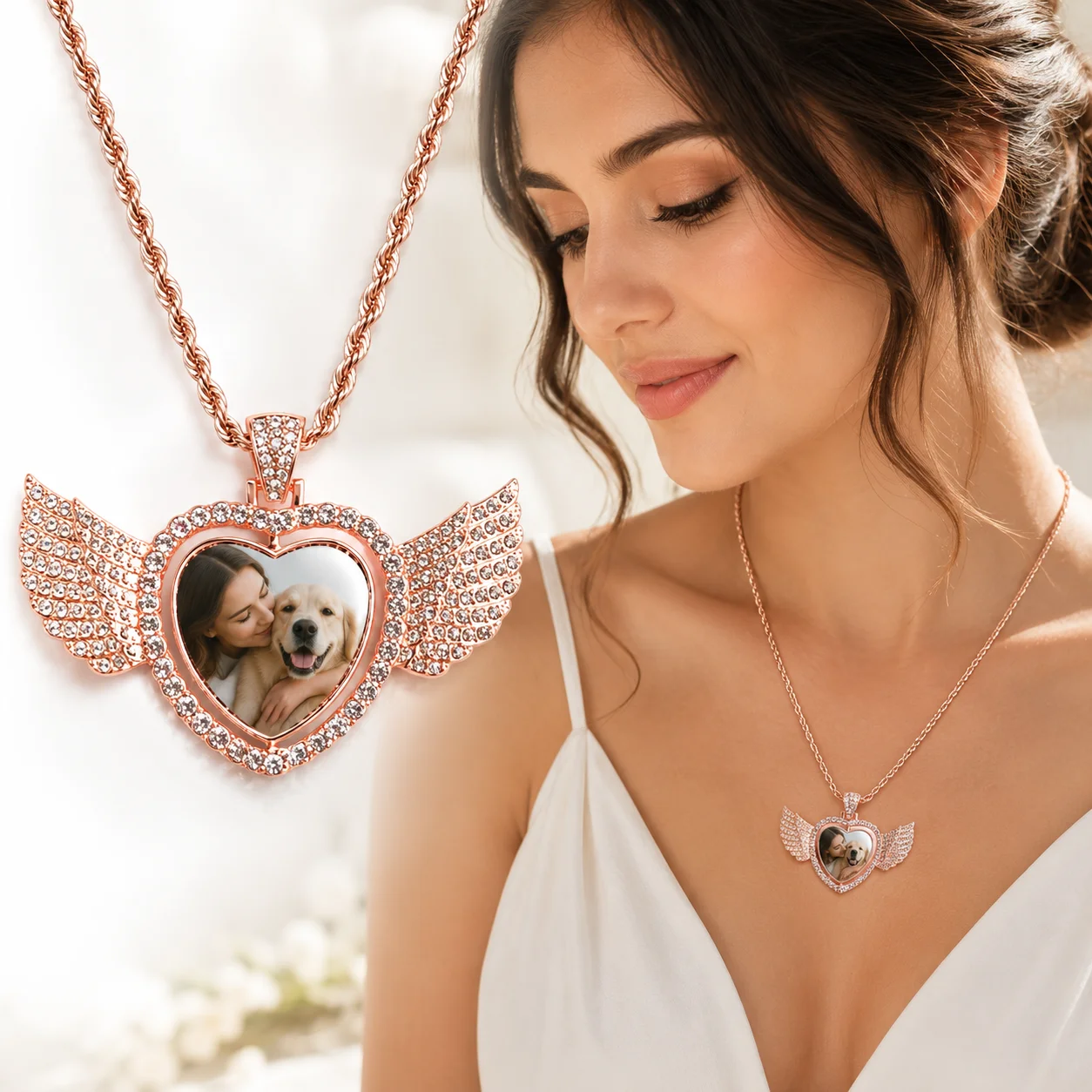 Custom 2-Sided Angel Wing Heart Photo Necklace, Personalized Gift