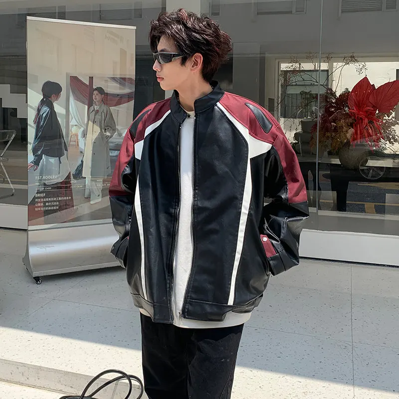 

Retro American PU Leather Jaet Men's Spring Autumn Color Blo Motorcycle Pilot Design Sense Youth Faion Outerwear