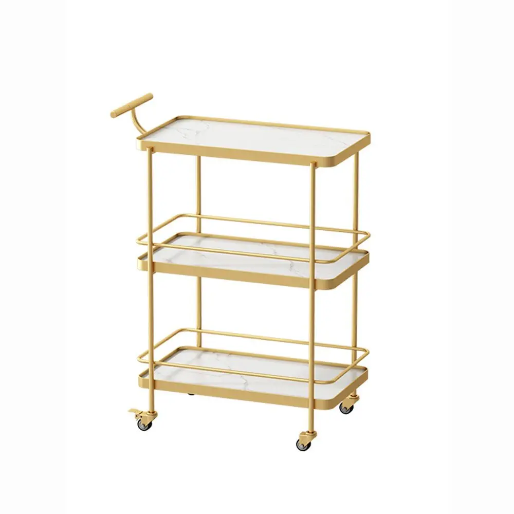 3 Tier Gold Metal Frame Rolling Bar Cart With White Marble Finish Shelves Lockable Wheels Handle For Home Kitchen Hotel Party
