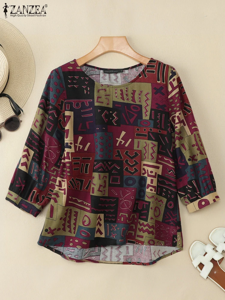 ZANZEA, blusa con estampado Floral de verano para mujer, camisas de manga 3/4 con cuello redondo, Túnica Vintage para vacaciones, Tops informales sueltos de algodón, Blusas Chemise
