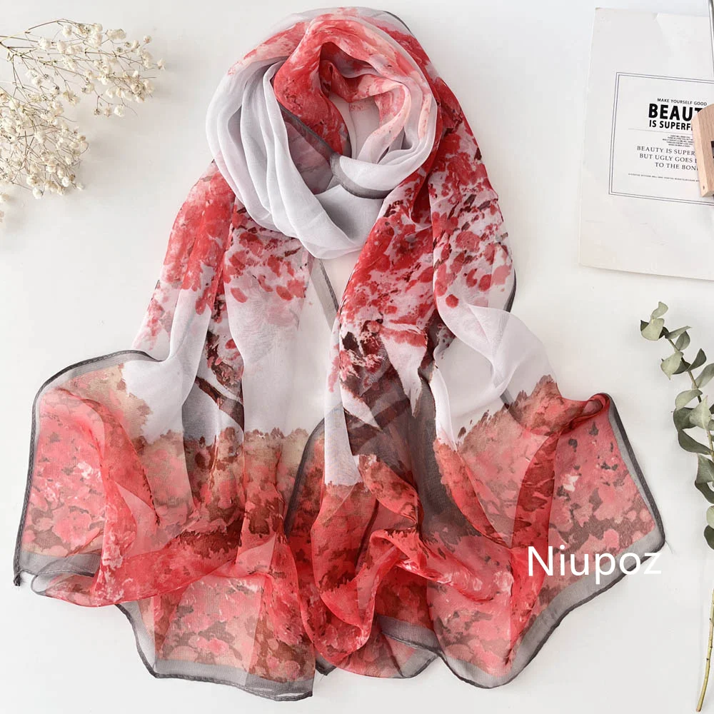 Georgette-Bandana con estampado de bosque de abedul para mujer, pañuelo elegante de gasa con flores de cerezo, protector solar para playa, chal fino