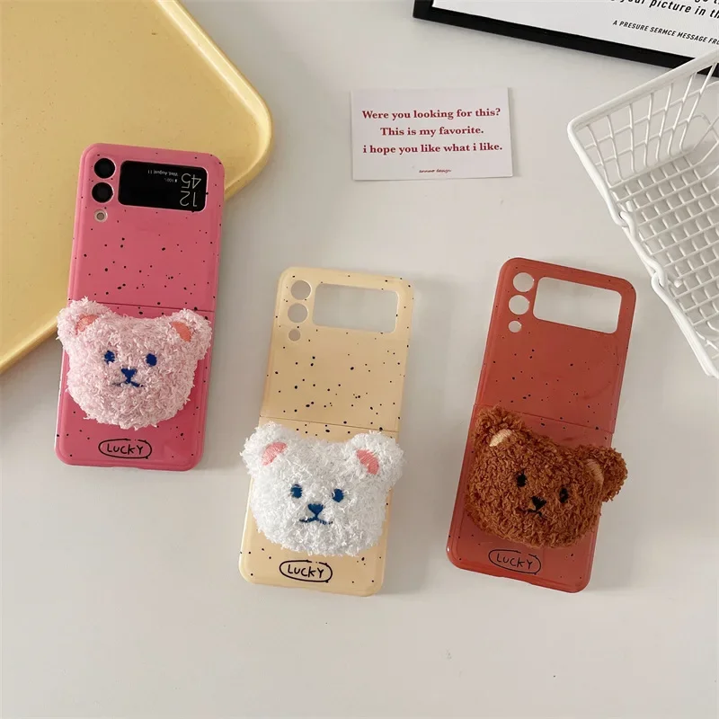 Splash-ink Plush Bear Phone Stand Case for Samsung Galaxy Z Flip 6 5 4 3 Protective Back Cover for ZFlip4 ZFlip5 ZFlip6 Case