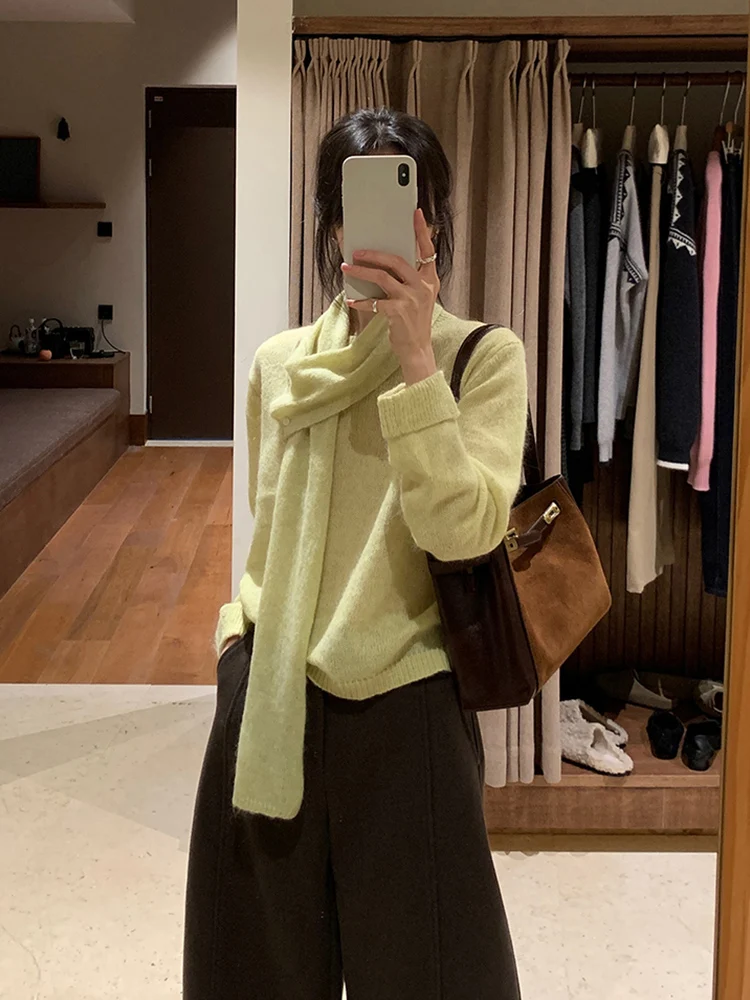 

Корейский женский вязаный комплект: свитер и шарф, базовый слой, осенне-зимний, свободный крой, регулярный...