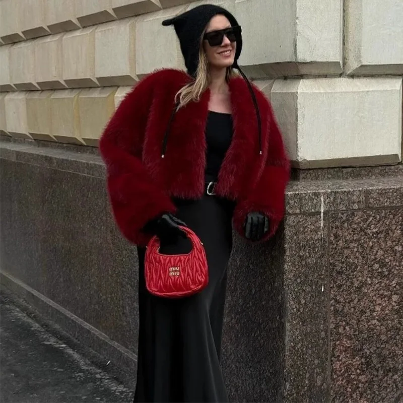 

2025 Winter New High Luxury Elegant Outerwear Red Faux Fur Hooded Coat Femme Fashion Oversized Sleeve Solid Cardigan Top