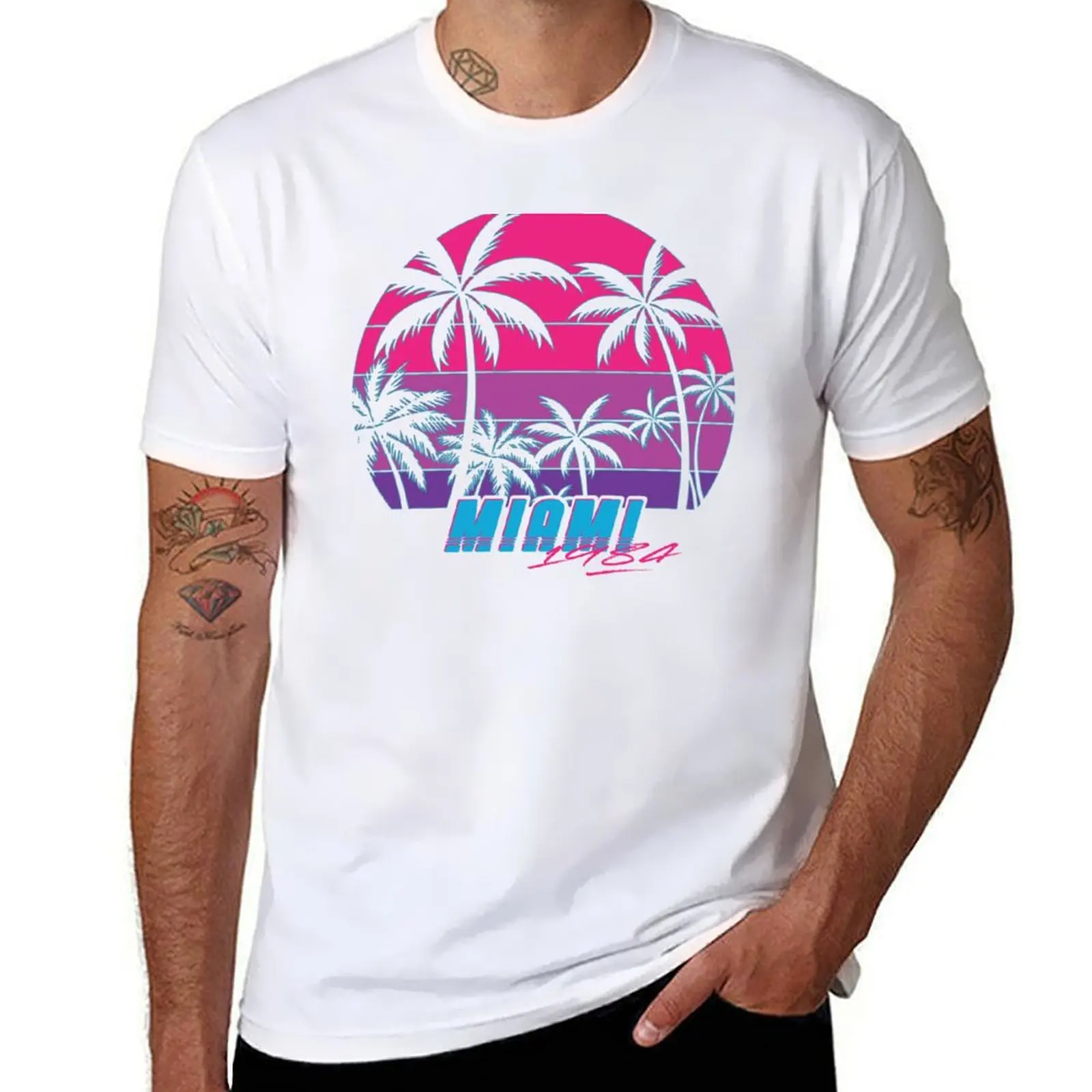 

Miami 1984 Retro Neon Vapourwave Sunset T-Shirt man t shirts for men men t shirt cotton 100% T-Shirt