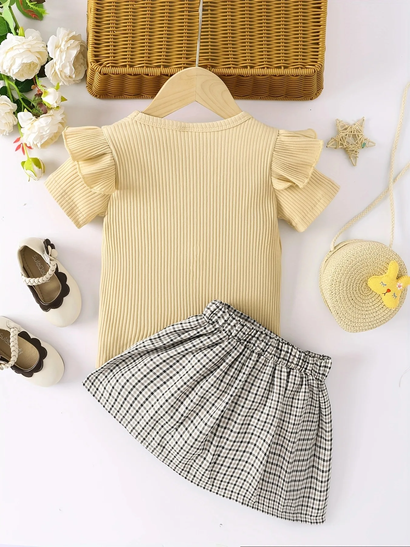 2024 Summer baby Kids Girls clothes Flying Sleeve cotton letters striped t-Shirt + belt checked Pleated Skirt 2 3 4 5 6 years