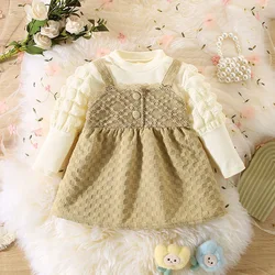 Autumn/winter New Girls' Dress Fake Two Sets Button Back Lace Flower Plaid Pattern Plaid Sleeves Sweet Princess Dress