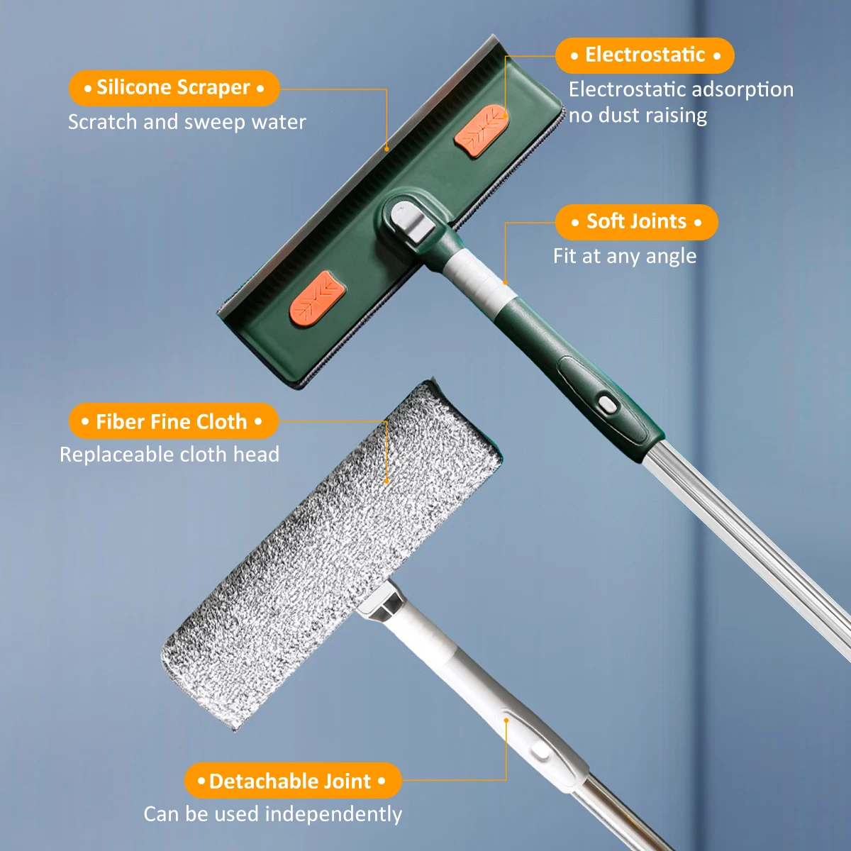 57/89in Extended Window Cleaning Tool Multi-function Window Squeegee Cleaner Tool Flexible Pole Detachable Microfiber Scrubber