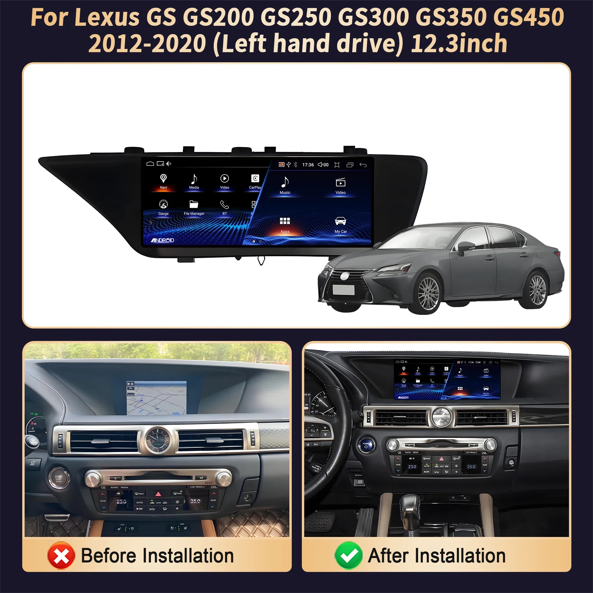 12.3 inch Snapdragon 680 Android 14 For Lexus GS GS200 GS250 GS300 GS350 GS450 2012-2020 Car Radio BT GPS Split Screen Carplay