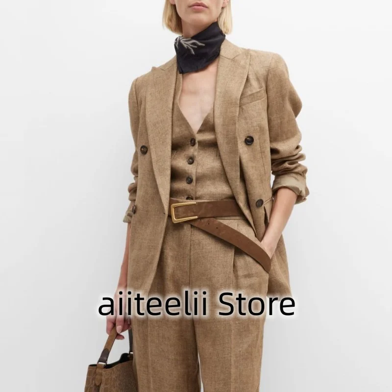 Women\'s Three-piece Suit Fashion Linen Solid Color Single-breasted Button Handsome Lapel (Jacket + Vest + Trousers) Deep V Vest