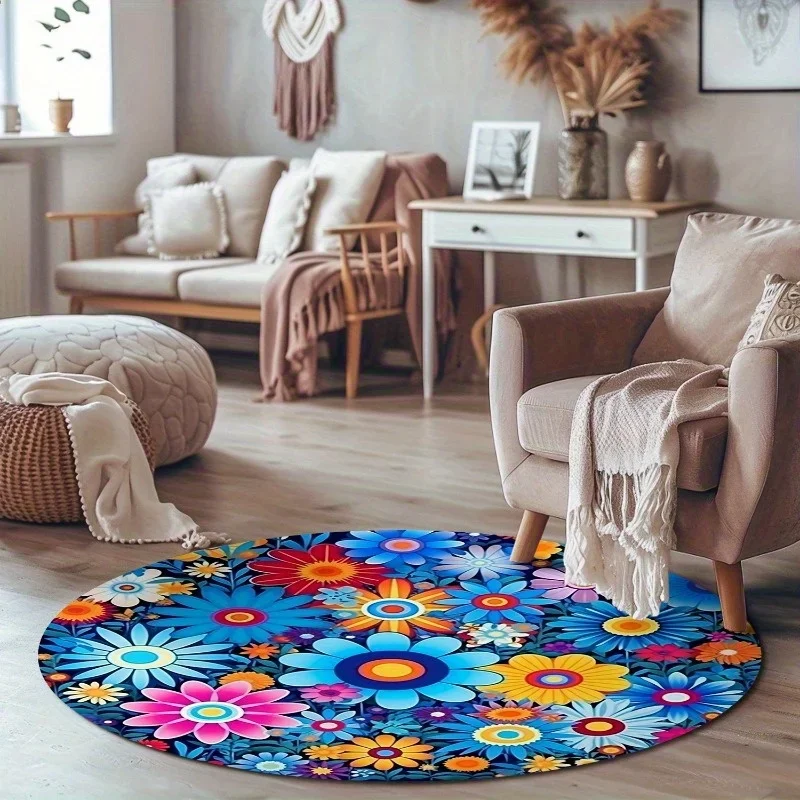 Colorful Daisy Psychedelic Flower Round Rug Bright Rainbow Flannel Carpet For Kids Room Nursery Play Area Hippie Bohemian Floor