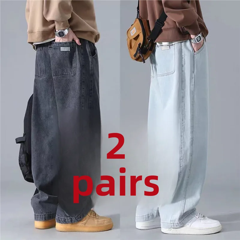Blue Men's Loose Fit Straight Leg Workwear Jeans Elastic Waist Trousers Harlan Style Youthful Casual Wear Resistant