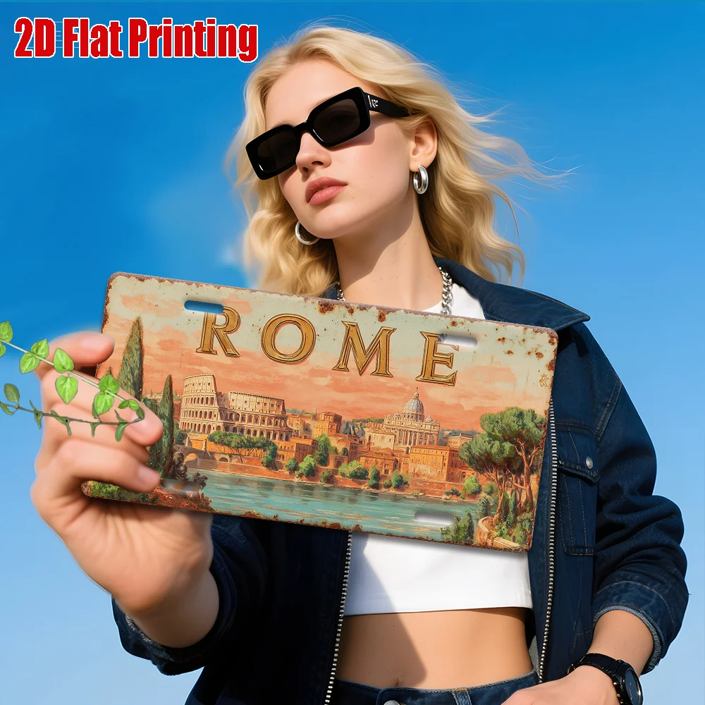 2D Flat, 1pc Vintage Rome Italy Metal Wall Art Sign - 30.48cm x 15.24cm Aluminum Colosseum & Roman Landmarks Indoor/Outdoor Deco