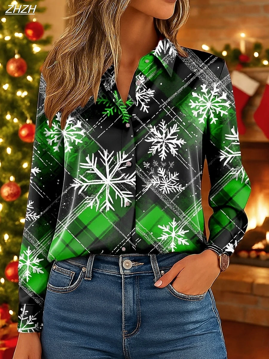2025 Christmas Women's Plaid Snowflake Blouse, Elegant Shirt Collar Design, Tropical Party Wear, All Seasons Fashion Long Sleeve