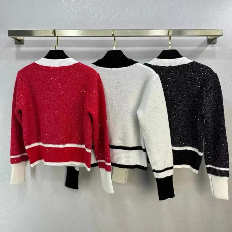 Women Clothing French Fashion Sequin Knitted Sweaters Spring Summer Simple All-match Pocket Cardigan O-Neck Button Tops