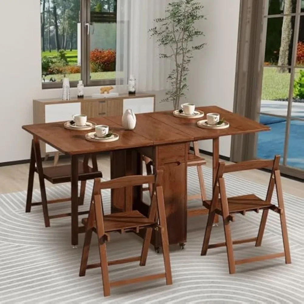 

Folding Dining Table Dinette with Chairs Drop Leaf Kitchen Table Set for 4 with Wheels Small Foldable Multifunctional Table with