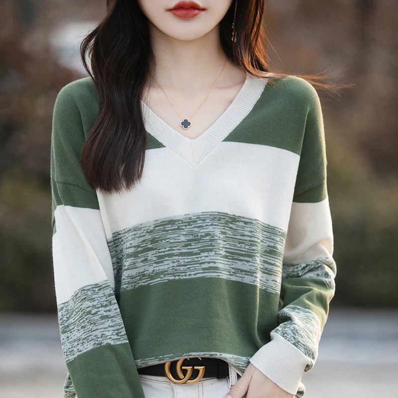 Women V-neck Long Sleeve Pullover 100% Cotton Colorful Striped Contrasting Sweater Autumn Winter Bottoming Shirt Knitting Top