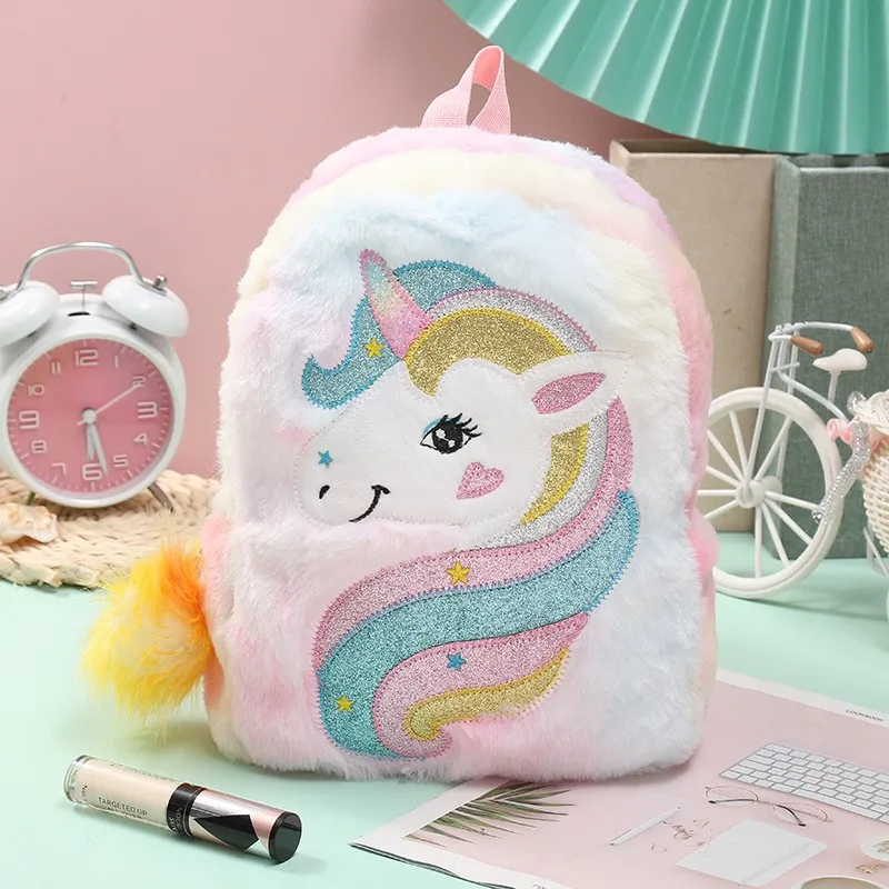 Paillettes cartone animato zaino ragazza peluche unicorno zaini moda pelliccia zaini bambini zainetto bambini regalo libro borsa per il compleanno