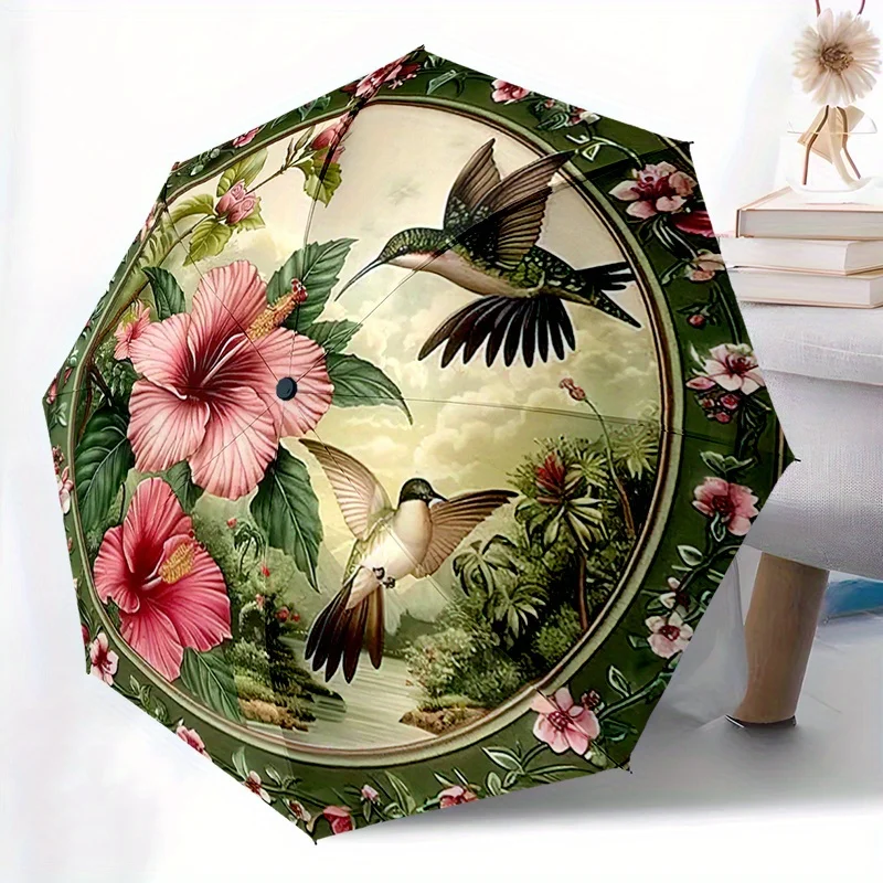 

1pc Automatic Open/Close Umbrella with Folding Compact - Auto Folding Mechanism, Windproof 8-Rib Construction, Floral hummingb