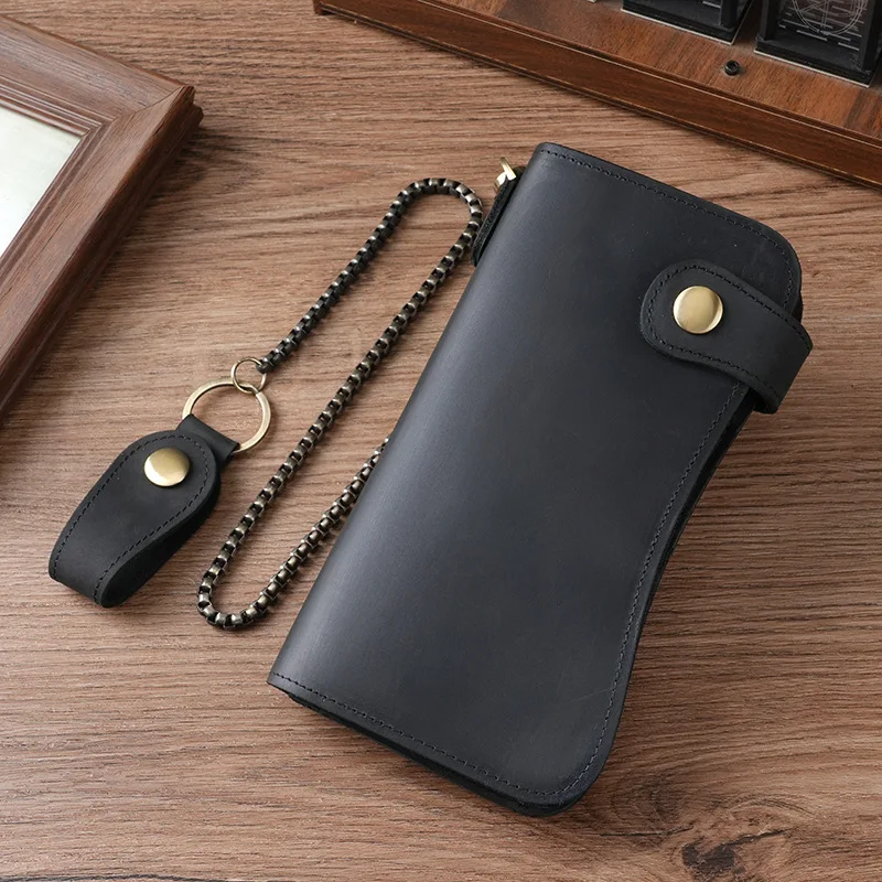 Men's Vintage Crazy Horse Leather Chain Wallet Genuine Leather Bifold Long Wallet Snap Card Holder Purse Zipper Coin Rfid Pocket
