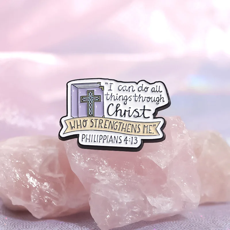 Creative Bible Cross Badge Brooch Pins I Can Do All Things Through Christ Motto Enamel Metal Alloy Corsage Lapel Pin Jewelry Acc