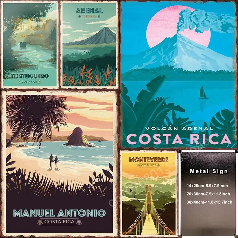 Vintage Metal Tin Sign Poster Costa Rica Volcano Arenal Retro Beautiful Scenery Panting Pictures Plaques Room Coffee Wall Decor