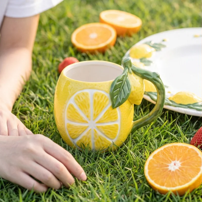 1 Pcs Lemon Shaped Ceramic Mug Creative Party Drinking Glasses Colored Painting Relief Fruit Milk Juice Coffee Mug Dropshipping