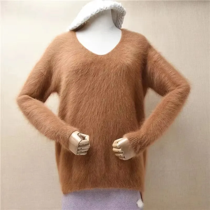 Senhoras mulheres outono inverno roupas vermelho angora coelho cabelo de malha com decote em v três quartos mangas soltas pulôver camisola pull