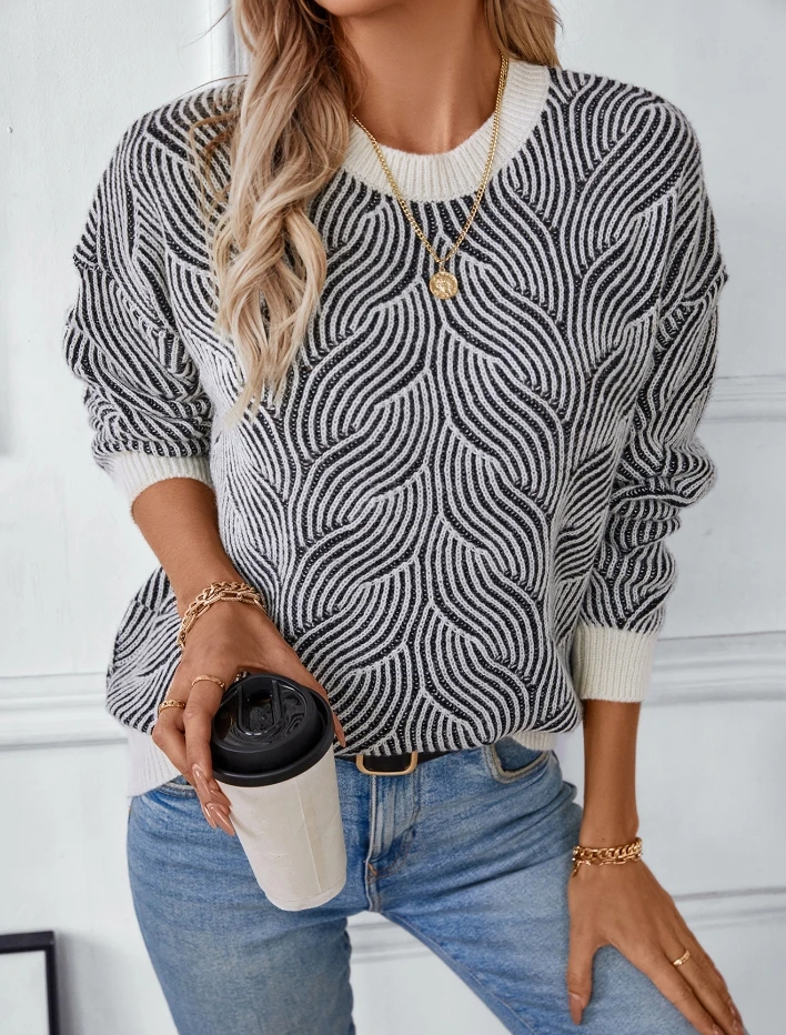 New Autumn and Winter Women's Retro Casual Striped Pullover Loose Long Sleeved Contrasting Knitted Sweater In Stock