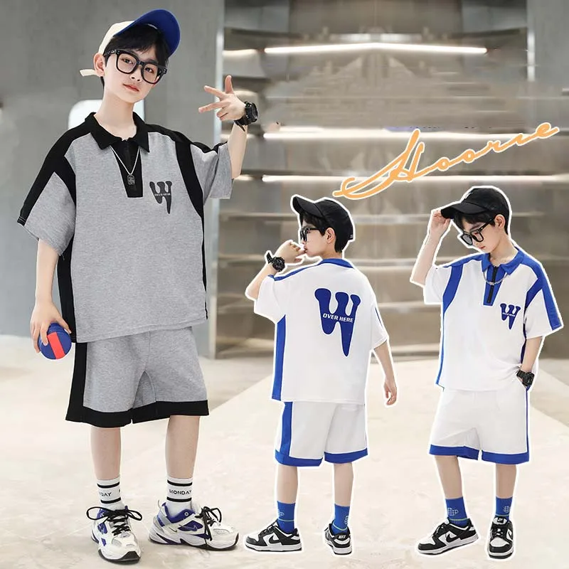 

2024 JUCPKID Korean Summer Children Boy Sport Suit Children Boy Contrast Printed Short-Sleeve Tops+Sports Shorts Set For Boys