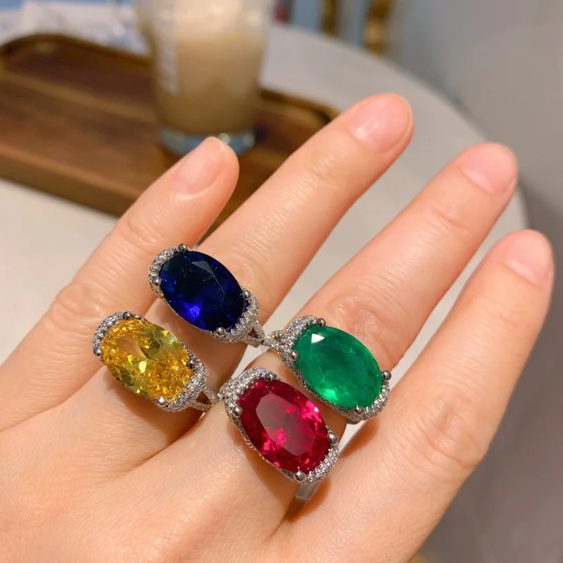 

European and American women's ring, imitation gemstone ring, luxurious diamond-encrusted women's oval ring, main stone 10*14