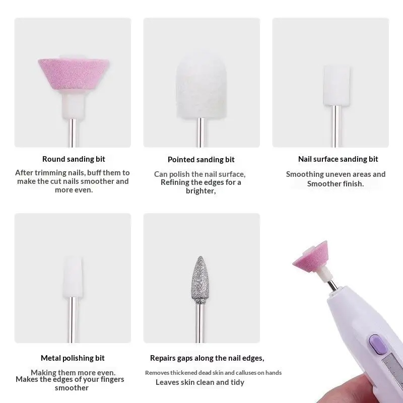 1 Set Portable Cuticle Remover Manicure Pedicure 5 In 1 Electric Nail File Cordless Battery Operated With 5 Attachments