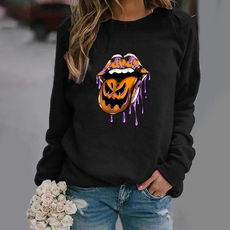 Scary Halloween Lips Pumpkin Face Pattern Printed Sweater Women's Fashion Street Long Sleeve Round Neck Pullover Top