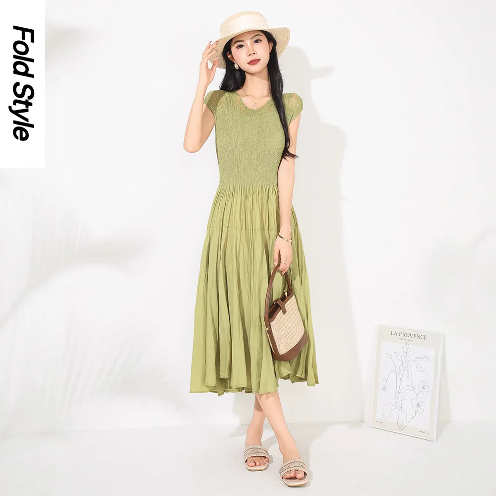 

Miyake Solid Color Pleated French Temperament Dress Slim Loose Women's Sleeveless Pleated Skirt Summer New