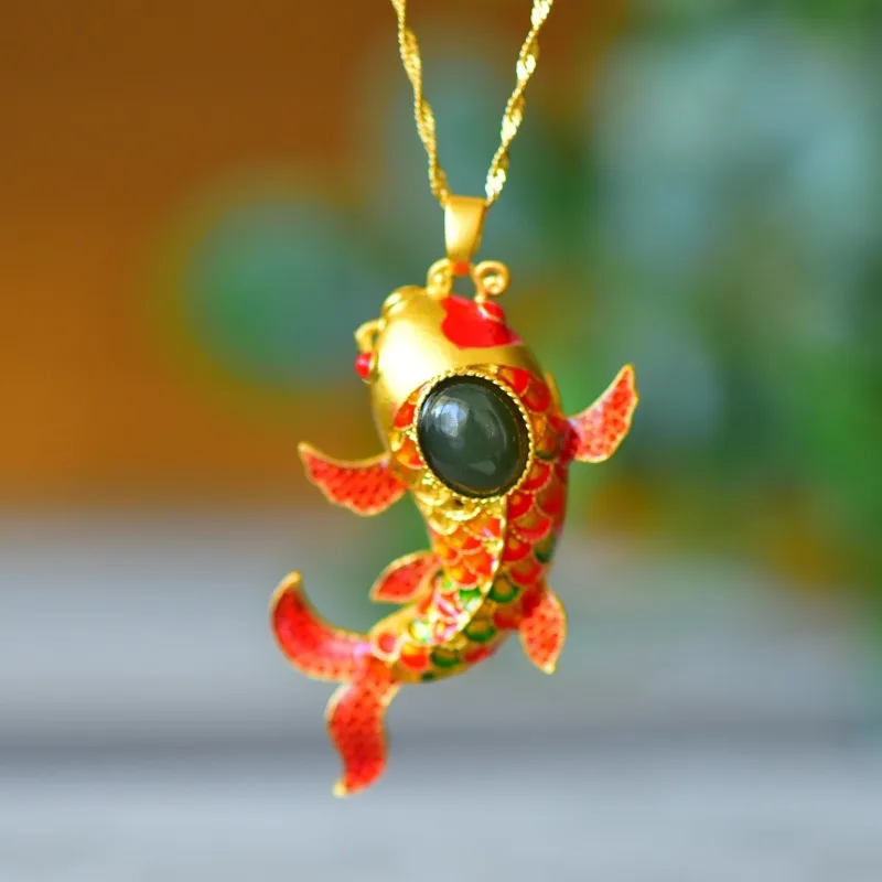 

Copper Inlaid Hetian Jade Yuyue Longmen Enamel Pendant Fashionable Women's Model