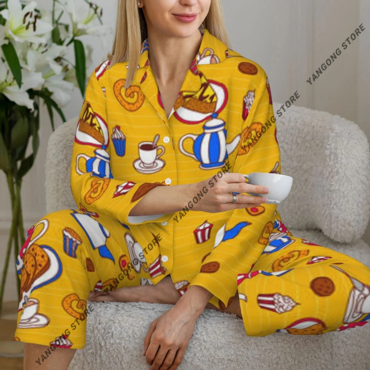 

Женская одежда для сна, домашняя одежда, сладости, чайники и пекарня, рубашка с длинными рукавами и лацканами, брюки с эластичной резинкой на талии, пижамный комплект