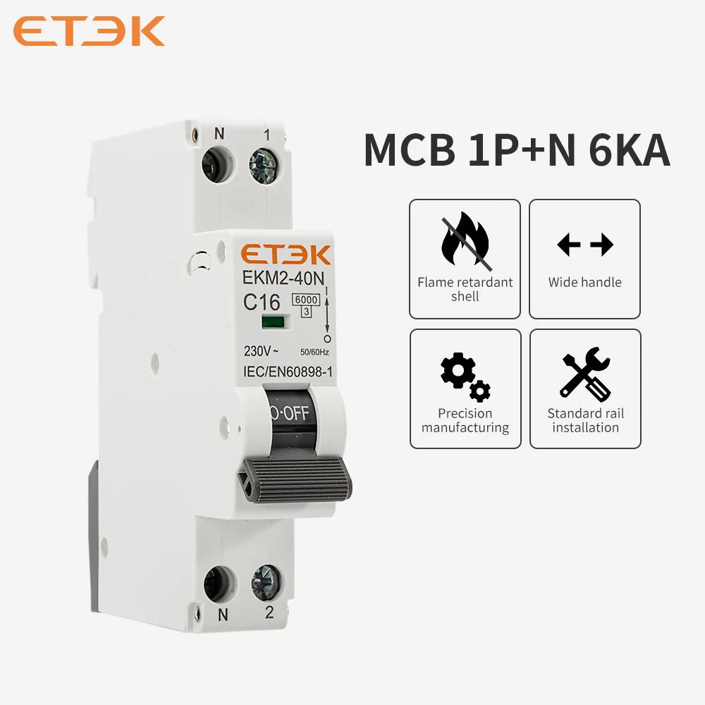 ETEK 18mm Miniature Circuit Breaker MCB Breaker 1P N 6kA Din Rail Mounting Miniature Household Air Breaker 30mA C Curve EKM2