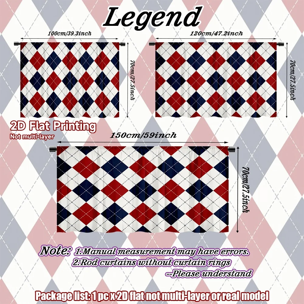 2D flat 1pc Modern minimalist shelf curtains Red and Blue Argyle Digital printing Country farmhouse style curtains, cabinet