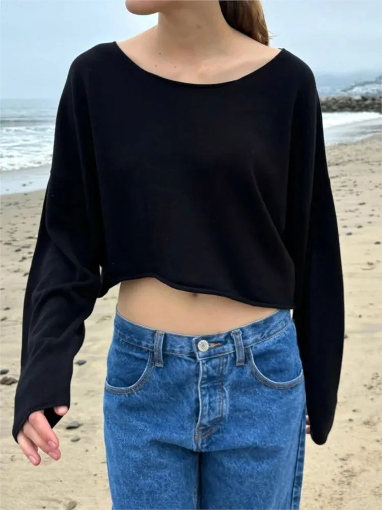 

Black Knittted Cropped Sweater Woman Autumn Raw Hem Scoop Neck Long Sleeve Oversized Jumper Vintage Streetwear Cotton Sweaters